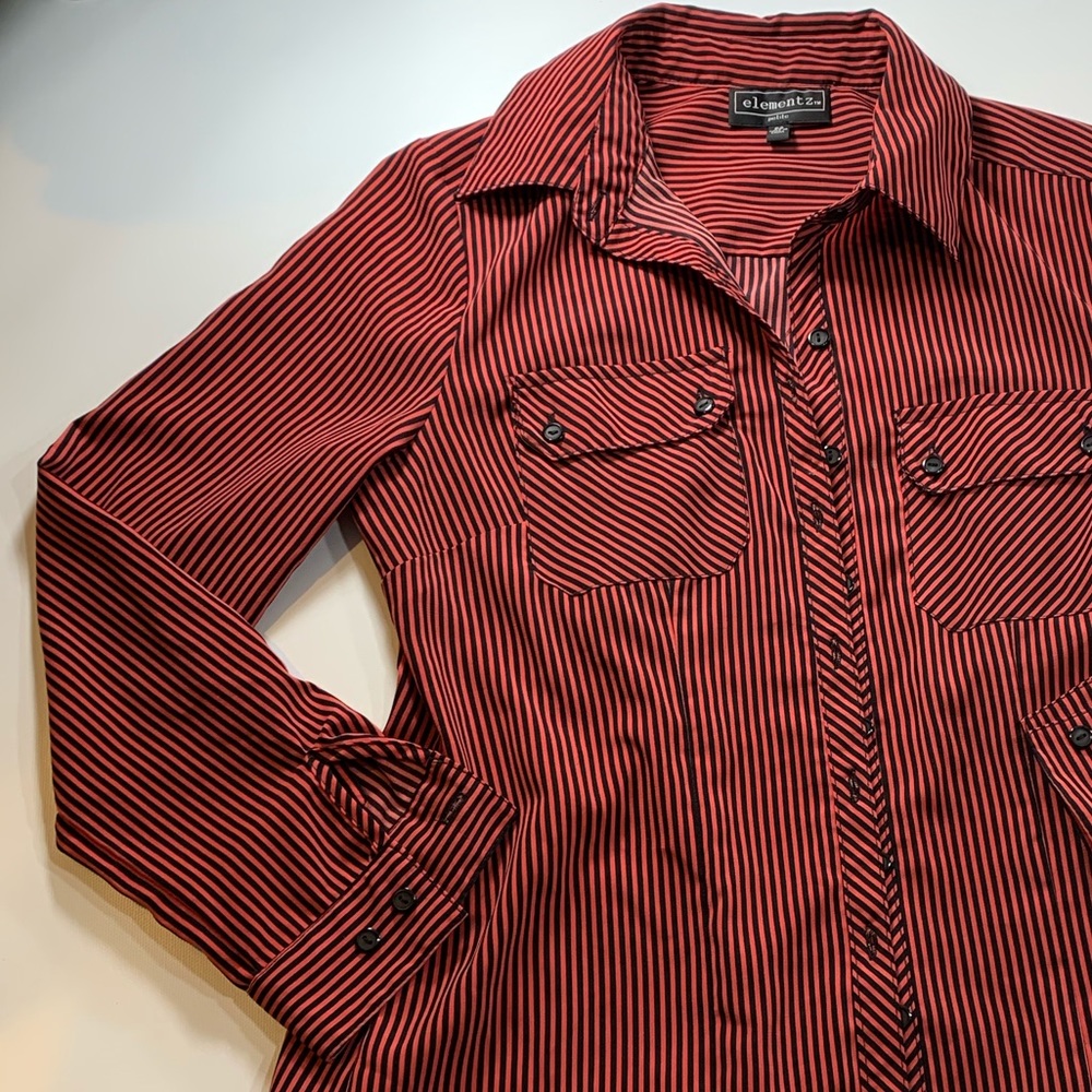 Elementz | Stripped Button Down Shirt Petite Black and Red Deep Burnt Orange - Picture 4 of 9